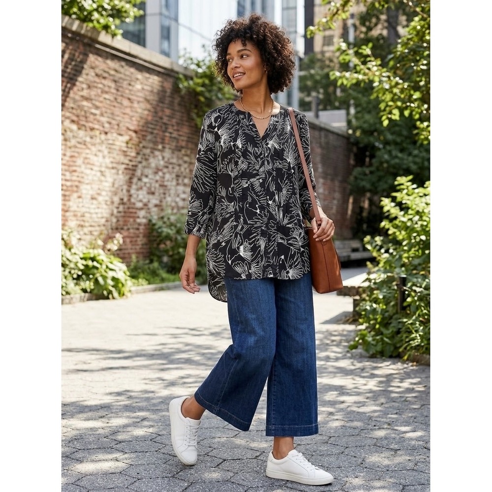 Maeve Anthropologie Black White Bird Print Tunic Blouse Split Neck Top Size 4